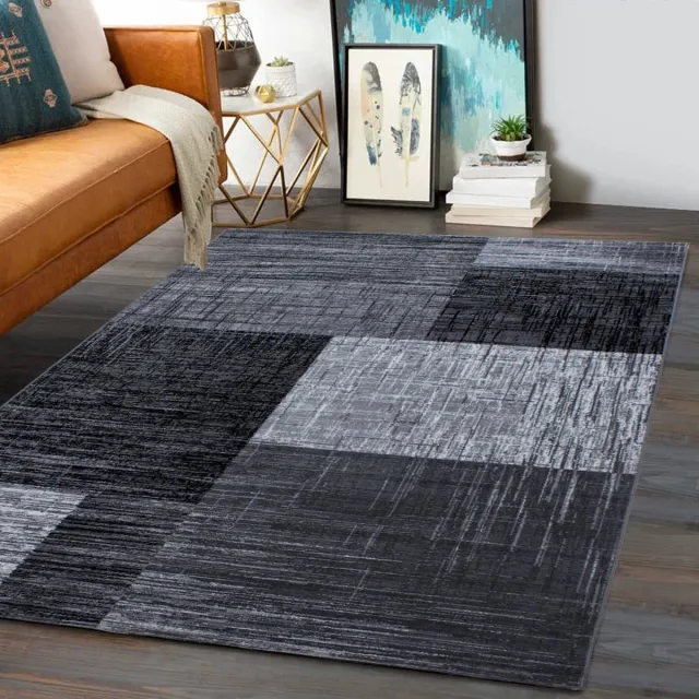 flycarpets Marlon Vloerkleed Geblokt - Laagpolig - Zwart / Grijs