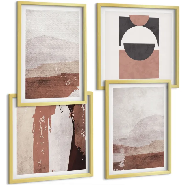 TULUP 4-Delige Schilderij Set - Abstracte patronen in bruine en beige tinten. - 40 x 40 cm en 40 x 60 cm - Muurdecoratie - Wanddecoratie - Slaapkamer Gouden lijst