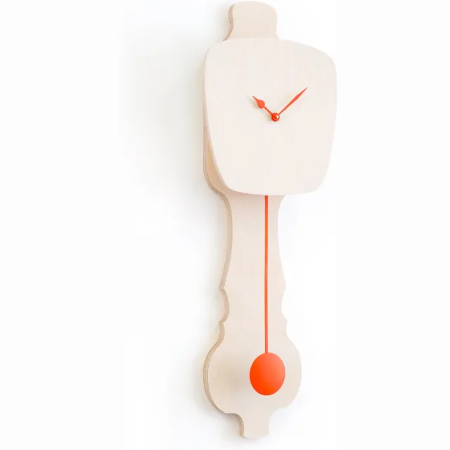 Kloq Wandklok Blank Hout & Neon Oranje