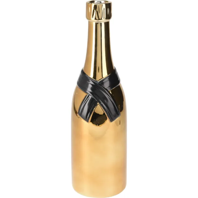 H&S Collection HS Collection Bloemenvaas Champagne fles - keramiek - zwart/goud - 11 x 39 cm - feestelijke vaas