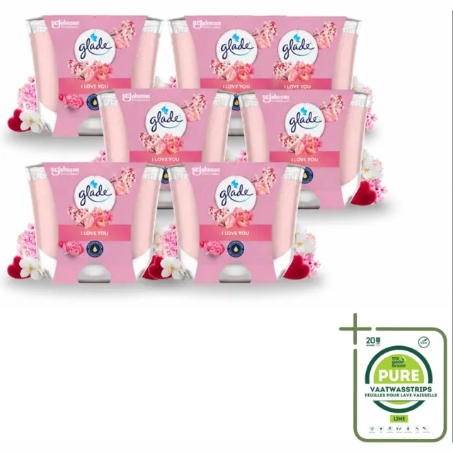 Glade 6 x Glade - Geurkaars I Love You - 100% Raapzaadwas - 204 g - Grootverpakking - Vaatwasstrips - Geurkaars - Romantische Geur - Bloemen Geur - Perzik Geur - Meloen Geur roze