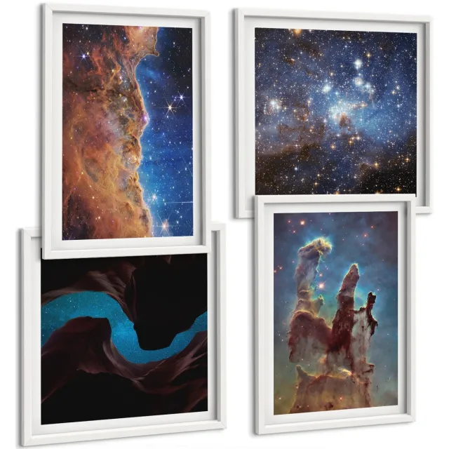 TULUP 4-Delige Schilderij Set - Ruimtelandschappen met sterrenstelsels en nevels - 40x40 en 40x60 - Wanddecoratie - Muurdecoratie - Moderne Interieurdecoratie - Woonkamer Decoratie Witte lijst