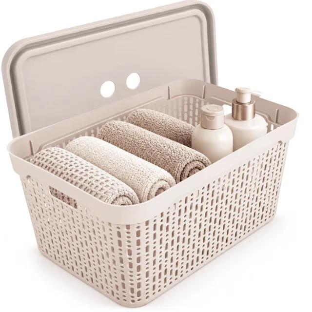 KADAX opbergbak met deksel, 40 x 30 x 20 cm, opbergmand, stapelbare kunststof bak, opbergbak van kunststof, opbergbak voor plank en kast, beige