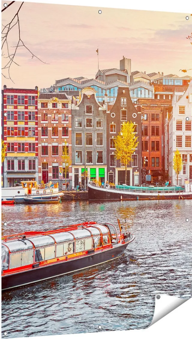 Gards Tuinposter Amsterdamse Huisjes vanaf de Grachten - 100x150 cm - Tuindoek - Tuindecoratie - Wanddecoratie buiten - Tuinschilderij Multikleur