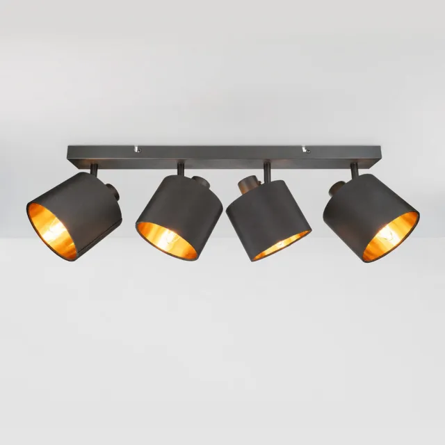 HOFTRONIC Jimmy LED Plafondspot - Stoffen kap (textiel) – 4 spots - Kantelbaar - Draaibaar - Mat Zwart en Goud - E14 fitting - IP20 - Plafondlamp