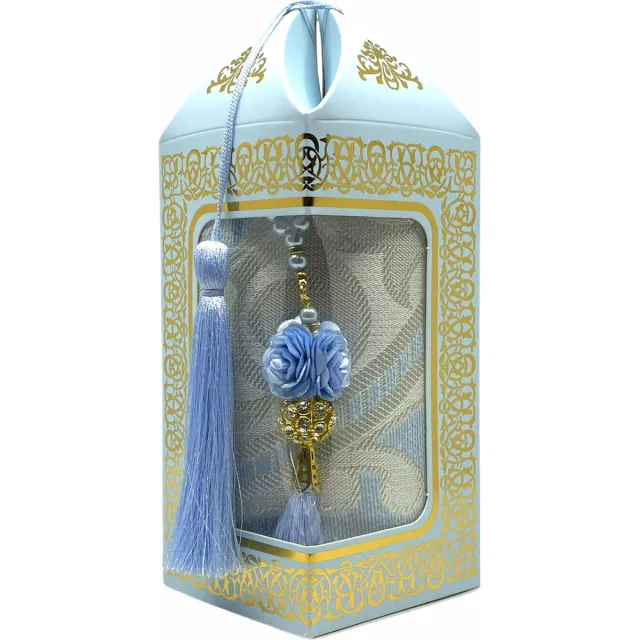 mirac Geschenkset Bade met een gebedskleed en een parel tasbih in een luxe kartonnen box blauw Licht blauw
