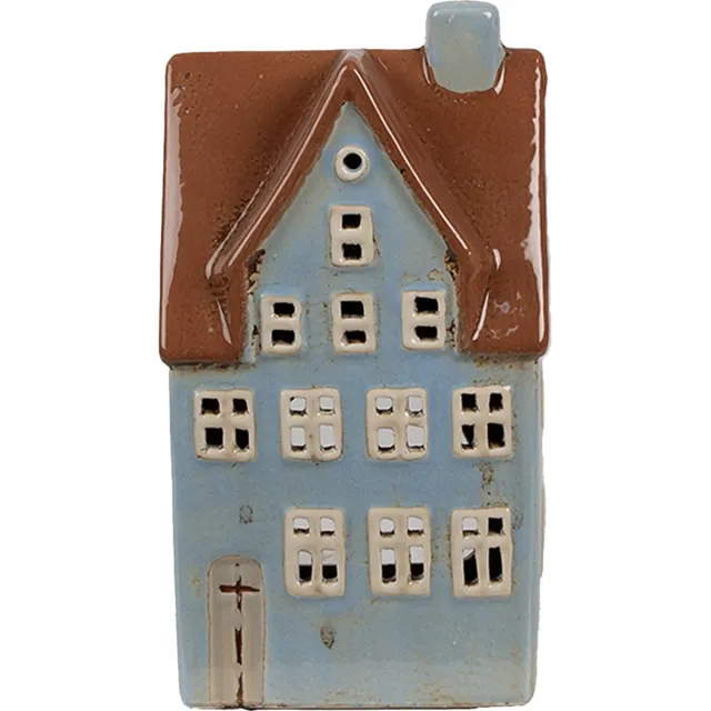 Clayre & Eef Waxinelichthouder Huis 11x8x20 cm Blauw Bruin Keramiek