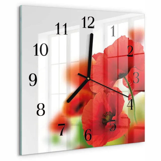 TULUP Wandklok - Klaprozen Moderne Glazen Wandklok - 30x30 cm - Rood Wandklok Glas Met Motief - Zwarte Handen - Vierkante Wandklok - Decoratieve Glazen Klok - Glazen Wandklok Design Rood - Klaprozen