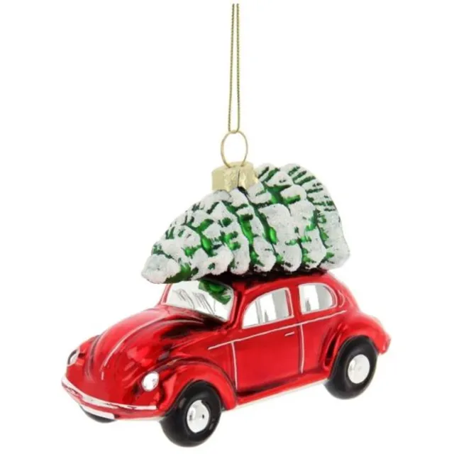 Volkswagen Rode Beetle met Boom - Glas Ornament Rood