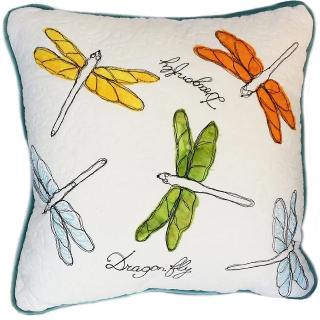 dedicated creations Handgemaakt kussen met applicatie en borduur Libelle, Dragonfly wit met turqoise