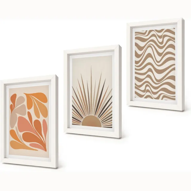 Coloray 3-Delige Schilderij Set - Zon Boho Pastel Abstracte Vormen - 20x30 - Wanddecoratie - Muurdecoratie - Woonkamer Witte lijst