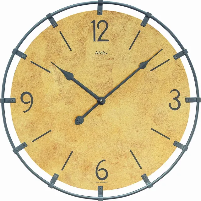 AMS W9616MO - Wandklok - Analoog - Rond - Hout - Metaal - Cijfers/Strepen - Geel/Goudkleurig - Zwart - D 40 x 3 cm