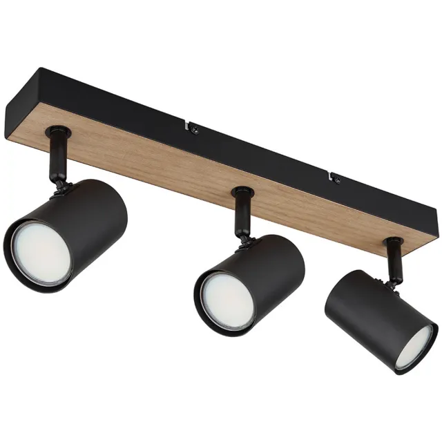 Globo Plafondlamp Slaapkamerlamp 3-lichts zwenkbare spot, metaal hout, zwart, GU10, LxBxH 41x6x13,5 cm