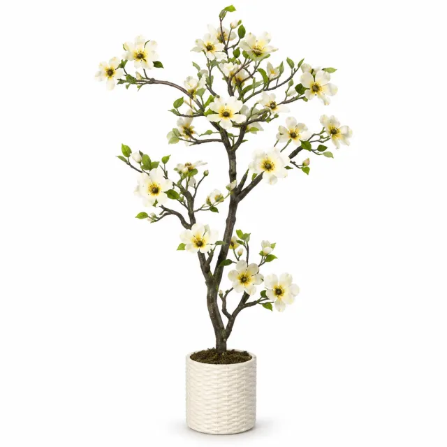 Lamor Kunst Magnolia - Kunstplant in pot - Kunstplanten voor binnen - Plant - Planten - Nepplant - Bloesemboom - 180 cm Wit, groen, bruin