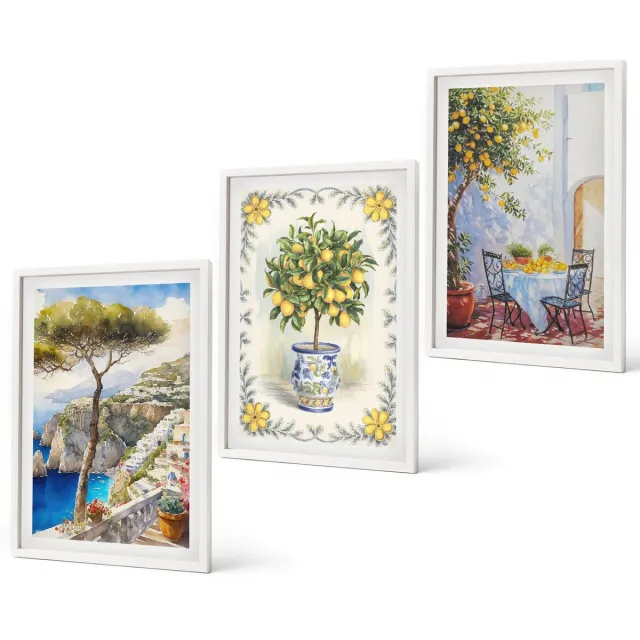 Coloray 3-Delige Schilderij Set - Uitzicht Op Zee Met Citroenbomen - 40 x 60 - Wanddecoratie - Schilderijen Set - Interieur - Muurdecoratie Witte lijst