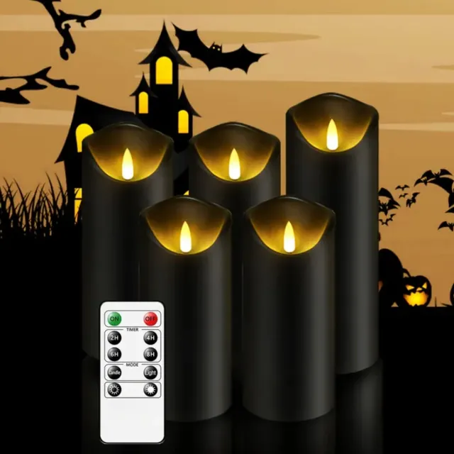 Dutchers .® Vlamloze Kaarsen - 5 Stuks - Ledkaarsen - Halloween - Werkt op Batterijen - Met Afstandsbediening - Decoratie - Sfeerlicht - Fonkelende Kaarsen - Timerfunctie Zwart