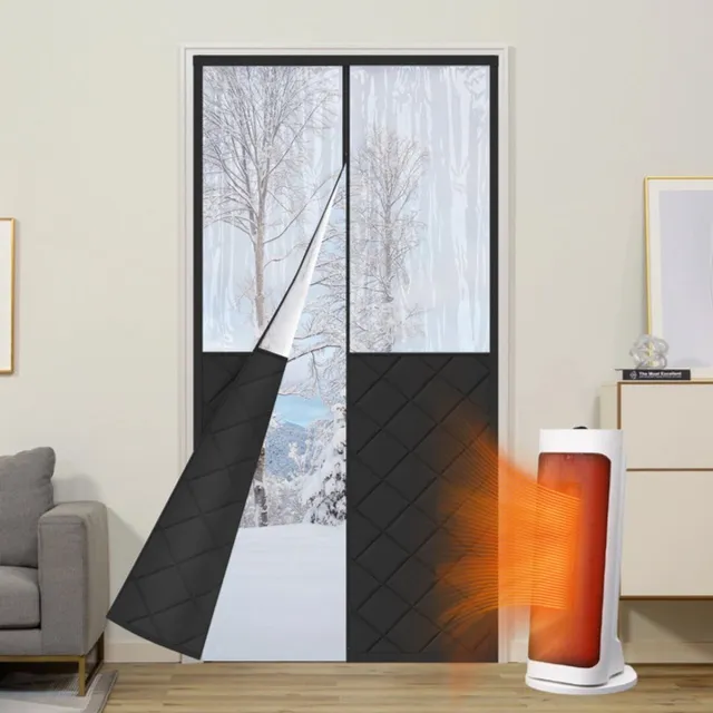 Qelus Warmtewerend Deurgordijn met Magnetische Sluiting - Gewatteerd, Zelfklevend Gordijnen met Transparant Raam - Energiebesparend, Tochtwerend voor Huis en Woondecoratie (Zwart)