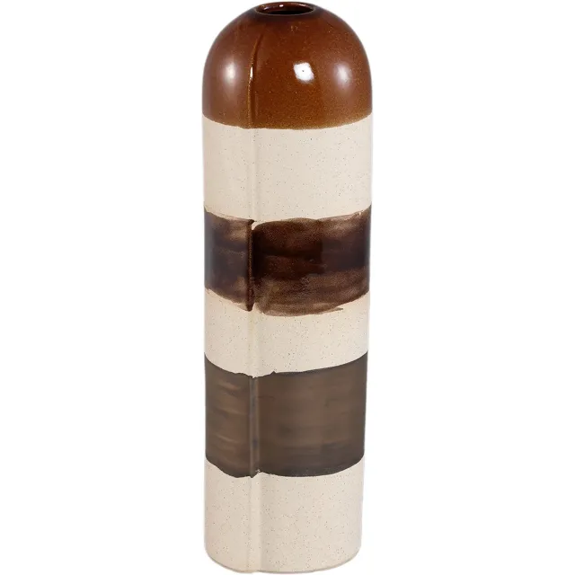 PTMD Dorlean Beige Ceramic Vase Round Stripe Design