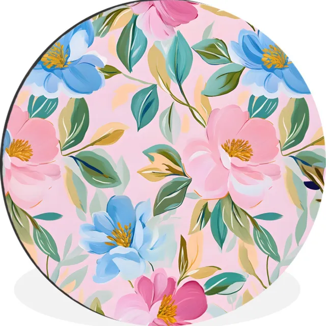 WallCircle Wandcirkel - Muurcirkel - Blauw - Roze - Bloemen - Aluminium - Dibond - 60x60 cm - Binnen en Buiten