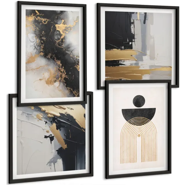 Coloray 4-Delige Schilderij Set - Geometrie En Abstractie: Elegante Compositie - 40 x 40 cm En 40 x 60 cm - Muurdecoratie - Interieur Decoratie Zwarte lijst