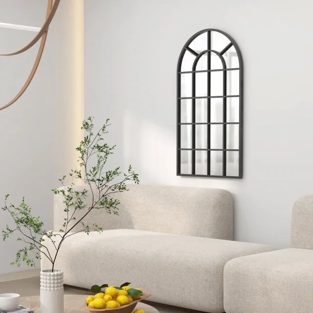 HAUSS SPOLE Wandspiegel Boogvormig – 65 x 110 x 2,5 cm – Aluminium en Glas – Glanzend Zwart – Voor Woonkamer, Slaapkamer en Hal – Met Raamverdeling