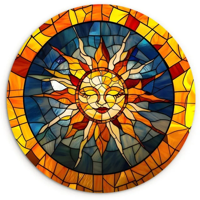 WallCircle Wandcirkel 120x120 cm - Muurcirkel Mozaïek - Zon - Geel - Cirkel - Muurdecoratie woonkamer - Wanddecoratie slaapkamer - Kamer decoratie accessoires - Ronde schilderijen Zon - Mozaïek