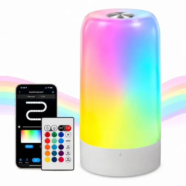 Oraymin RGB LED Moodlight Tafellamp – Slimme Sfeerverlichting met Bluetooth App, Afstandsbediening & Muziekmodus – Wit