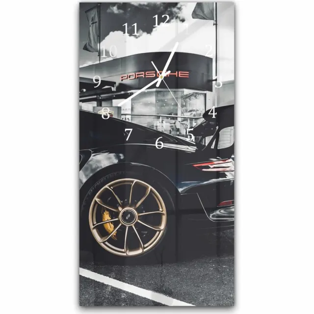 Mydesignglas Grote Glazen Wandklok XXL Porsche GT3 RS Wit- Verticaal 30x60 cm - Stille Klok voor Woonkamer & Keuken - Modern Design - Gehard Glas