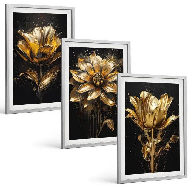 Coloray 3-Delige Schilderij Set - Bloemen In Verschillende Tinten Geel Op Een Donkere Achtergrond - 40 x 60 cm - Wanddecoratie - Muurdecoratie - Moderne Interieurdecoratie - Moderne Wanddecoratie Zilveren lijst