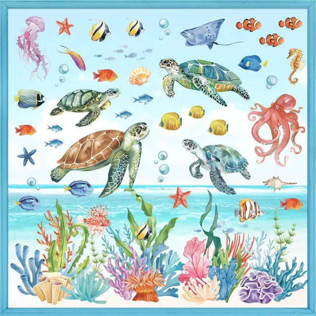 Ultiluxe Raamstickers schildpadden - Onderwaterwereld glasdecoratie - Dubbelzijdige zeedieren afbeeldingen - Vissen koraal en zeegras - Statische stickers zonder lijm - Decoratie voor glazen ramen - Meerkleurig - 20 x 30 cm Multi