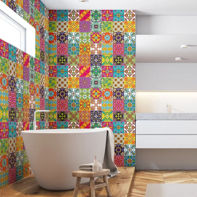 Ambiance Sticker Zelfklevende tegelmuurstickers voor keuken en badkamer - 60 cementtegelstickers, Azulejos Nicolo-stijl - 60 stickers, 10x10 cm Multi color