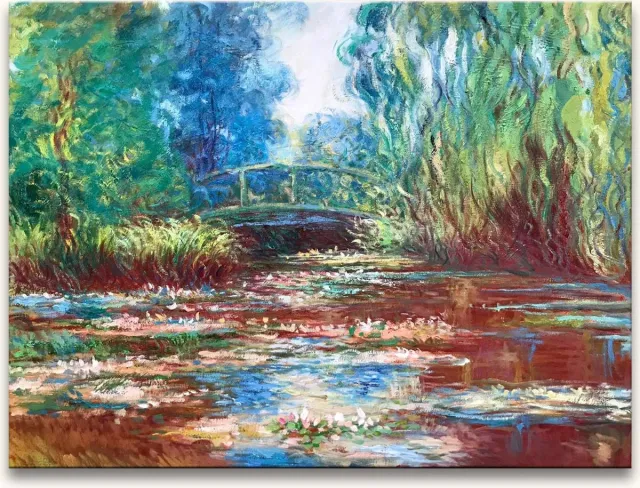 Grootmeesters ® Handgeschilderd schilderij Olieverf op Canvas - Claude Monet 'Lotusbloemen bij Brug' groen