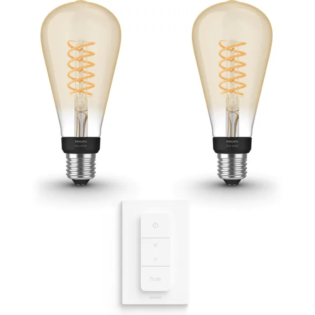 Philips Hue Uitbreidingspakket - E27 - met 2 Filament Edisonlampen Groot (ST72) - Warmwit Licht - Incl. 1 Hue Dimmer Switch - Hue White Filament