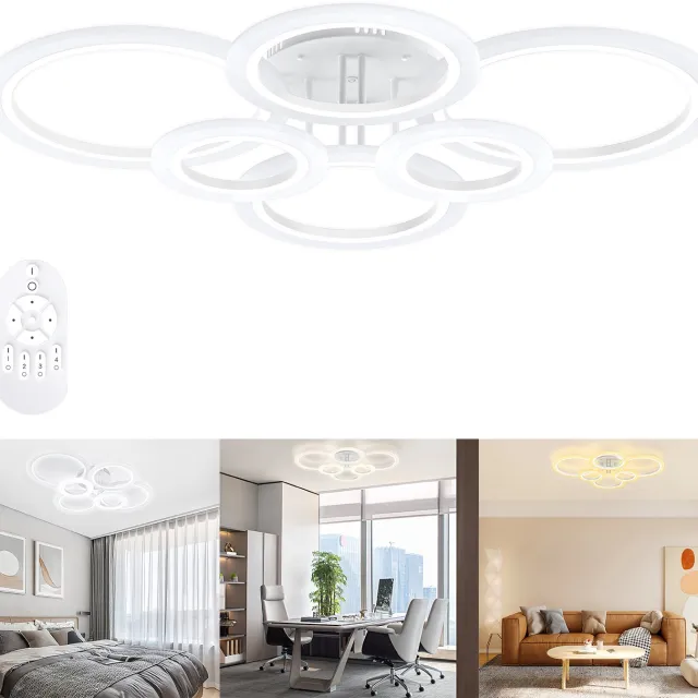 Froadp LED-Ringleuchte, Dimmbare LED Deckenleuchte, Weiß met Fernbediening, Ringvorm, Moderne Schlafzimmer- en Wohnzimmerlampe Voor Stilvolle Inrichting - 96W - Met 5 Ringen Dimbaar