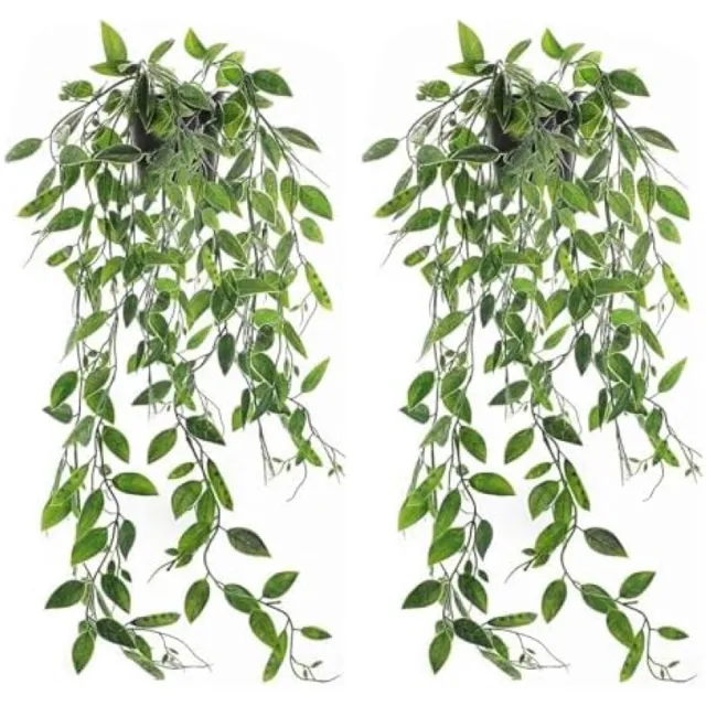 PromoHome Kunstmatige Hangplanten Set van 2 met Potten - Levensechte Decoratie voor Binnen en Buiten - Groene Nep Planten met Zwarte Pot - Onderhoudsvrij en Weerbestendig Groen-2