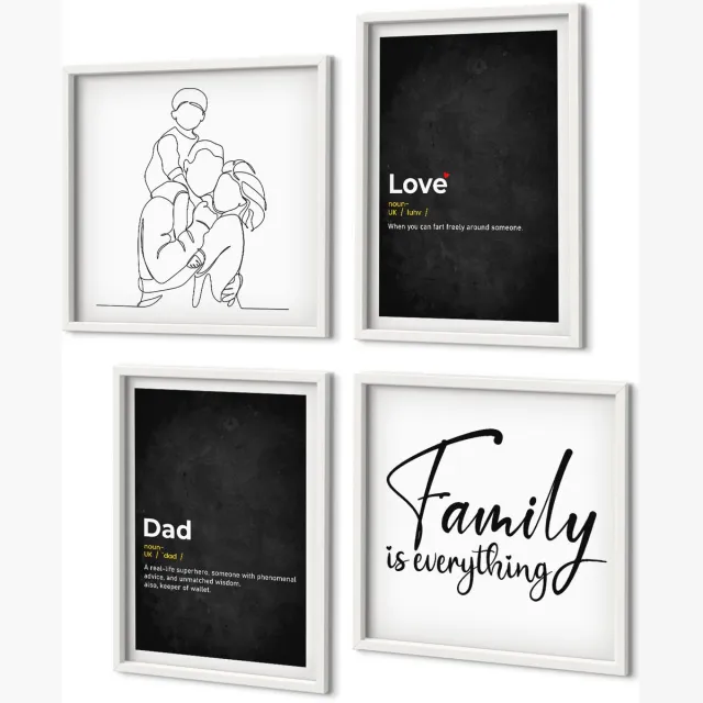 Coloray 4-Delige Schilderij Set - Familielijnkunst Met Definities Van Liefde En Vaderschap. - 40 x 40 En 40 x 60 - Stijlvolle Muurdecoratie - Kantoor - Woonkamer Decoratie Witte lijst
