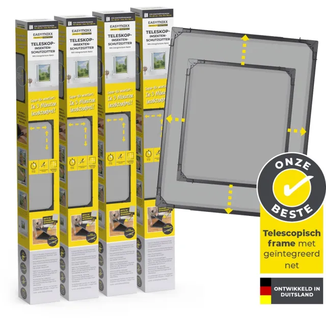 EasyMaxx Insect Protect Telescopische insectenhor voor ramen, met voorgemonteerd frame, uittrekbare insectenbescherming, geïntegreerd net- min. 73 x 83 cm tot max. 120x 140 cm - antraciet, 4 stuks
