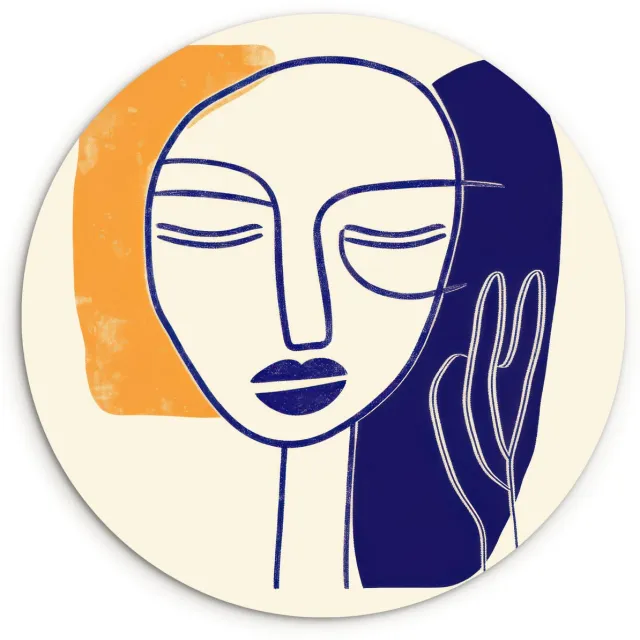 WallCircle Wandcirkel 30x30 cm - Muurcirkel Minimalistisch - Gezicht - Hand - Oranje - Blauw - Muurdecoratie woonkamer - Wanddecoratie slaapkamer - Kamer decoratie accessoires - Ronde schilderijen Gezicht - Hand - Minimalistisch