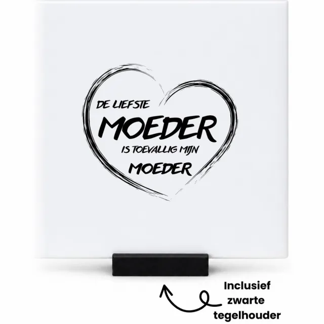 Hacebo De liefste moeder in zwart hart tegeltje met tegelhouder - Moeder - Liefste moeder - tegeltjes met tekst - moederdag cadeautje - Cadeau voor mama - Verjaardag - Geschenk - Cadeau - Gift - spreuktegels - 10.8x10.8 CM Wit