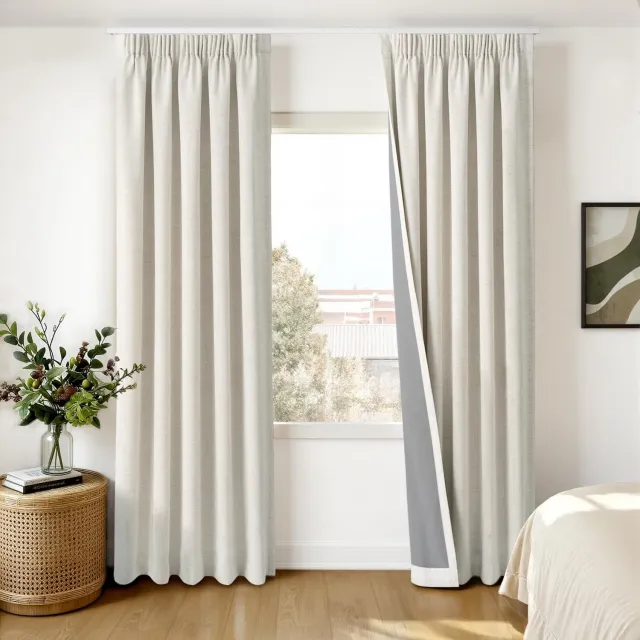 Famanu 100% verduisterende gordijnen set van 2 stuks, linnenlook met plooiband, thermisch en ondoorzichtig, voor woonkamer en slaapkamer, 140 x 260 cm, beige