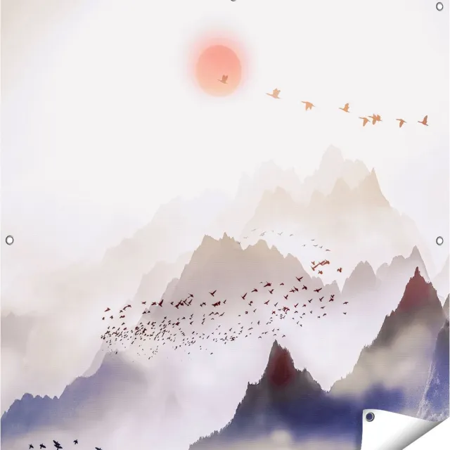 Gards Tuinposter Bergenlandschap met een Boom - Abstract - 100x100 cm - Tuindoek - Tuindecoratie - Wanddecoratie buiten - Tuinschilderij Multikleur