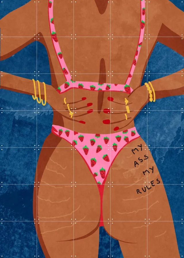 IXXI My Ass My Rules, Raissa Oltmanns - 100 x 140 cm - Grote wanddecoratie en posters - Cartoonesk, Illustraties, Grafisch Ontwerp, Digitale Kunst Blauw / Roze