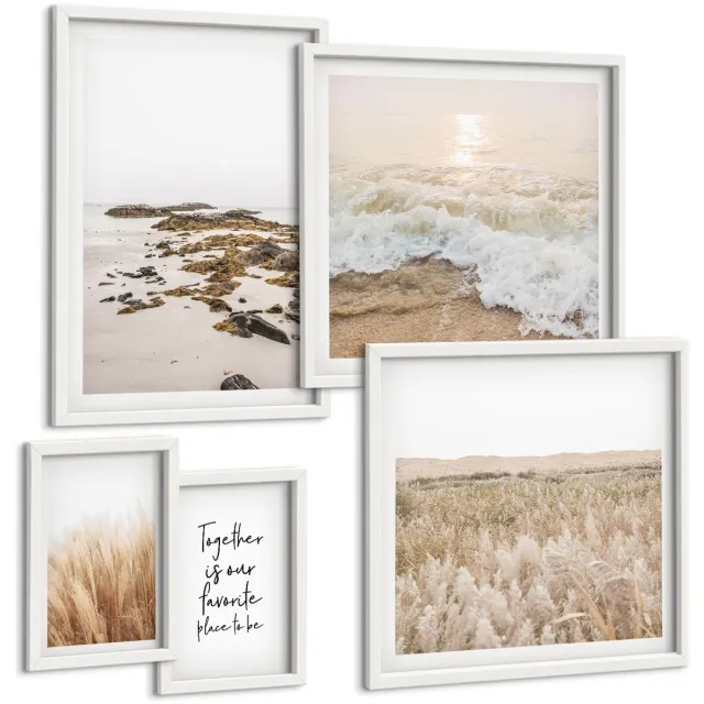 TULUP 4-Delige Schilderij Set - Natuurlijke strandlandschappen met natuurthema en citaat - 50 x 50 cm, 20 x 30 cm en 40 x 60 cm - Muurdecoratie - Decoratieve Schilderijen - Wohnzimmer - Interieur Decoratie Witte lijst
