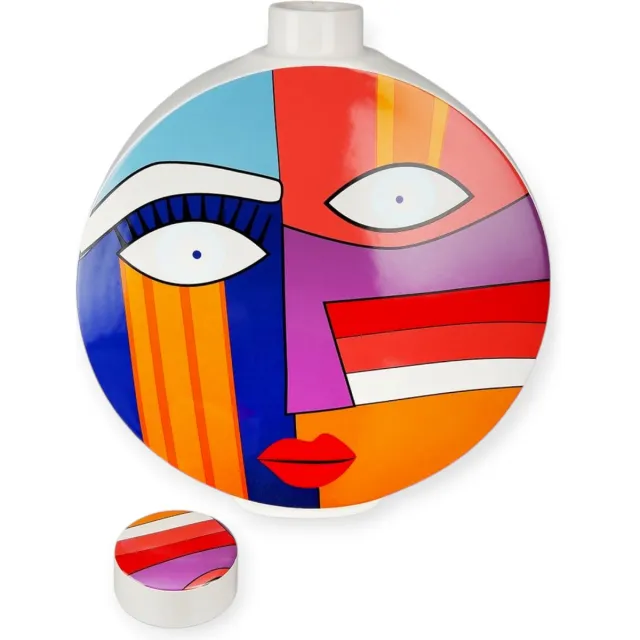 Gilde handwerk Vaas - Graphic Face -Grafisch gezicht motief - Multicolour - 7.5x29x34.5cm Rood