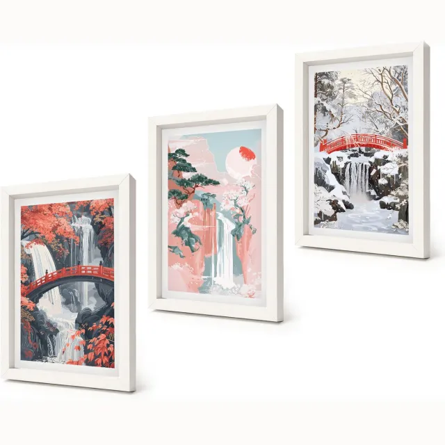 Coloray 3-Delige Schilderij Set - Watervallen in verschillende seizoenen met bruggen en bomen. - 20x30 - Wanddecoratie - Muurdecoratie - Woonkamer Witte lijst