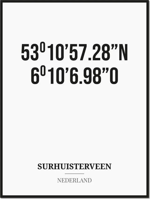 Studio216 Poster/kaart SURHUISTERVEEN met coördinaten zwart, wit