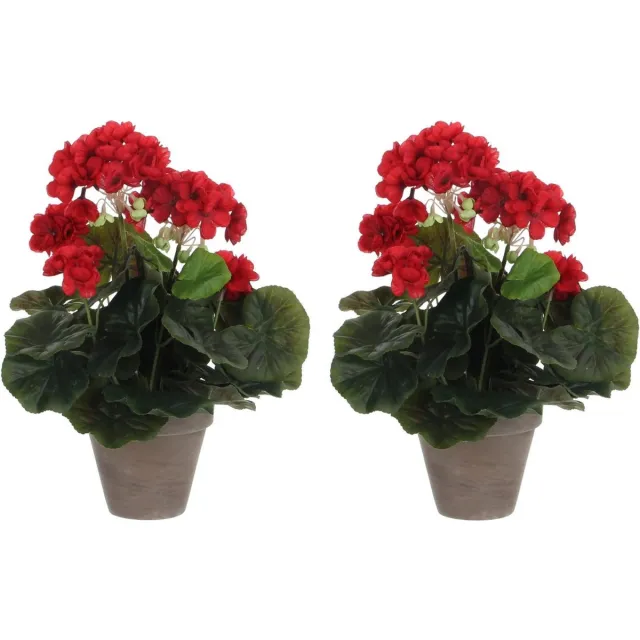 Mica Decorations Kunstplant - 2x stuks - Geranium - rood - in pot - D20 x H34 cm