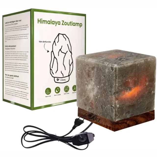 Orakl Luxe Dimbare Himalaya Zoutlamp Cube - 2-4 KG en ca. 18 cm - Nachtlamp - Tafellamp - Cadeauverpakking Grijs