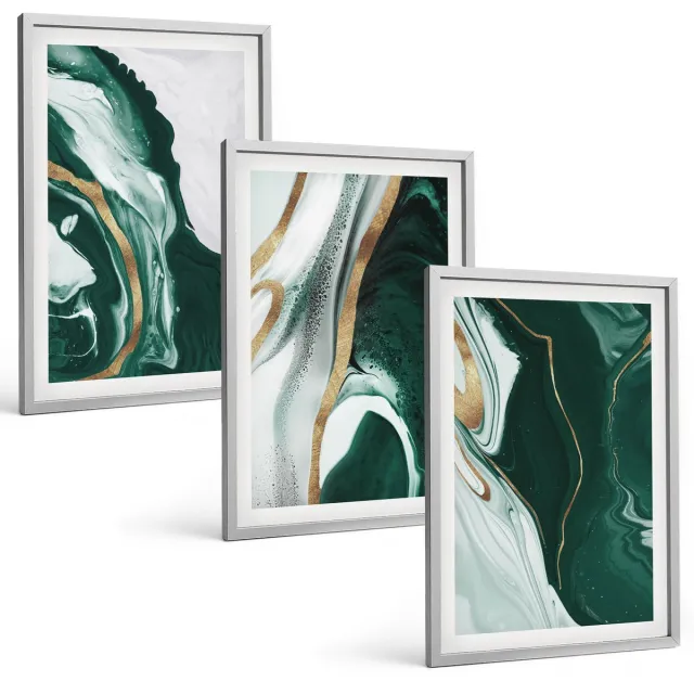 Coloray 3-Delige Schilderij Set - Abstracte Verfpatronen In Groen En Wit - 40 x 60 cm - Moderne Wanddecoratie - Woonkamer - Muurdecoratie Zilveren lijst