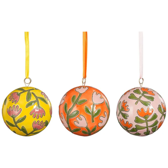 Mica Decorations Kerstballen glas bloemen multi - 3 varianten (ø8 cm) Roze, Oranje, Geel
